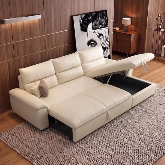 Paxon 3 seater sofa bed in beige faux leather with cushioned backrest