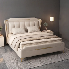 upholstered bed shown in a spacious bed layout with stitched padded headboard