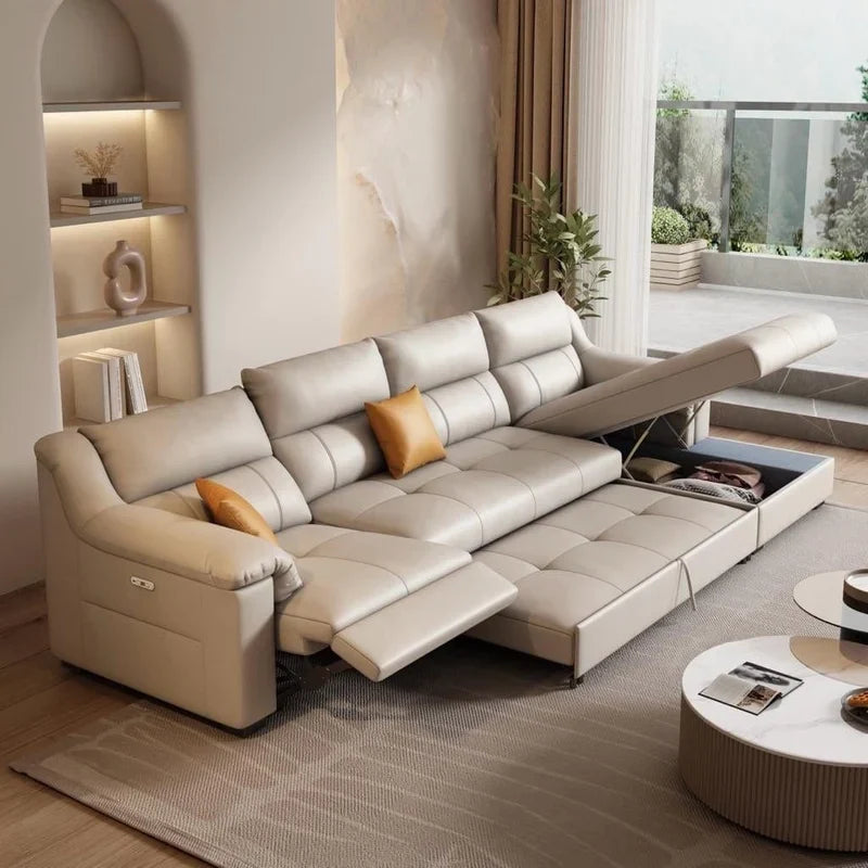 Enzo Sofa Cumm Bed with premium L shape sofa cum bed design, convertible couch bed features, quilted seat cushions, hidden storage and recliner comfort.