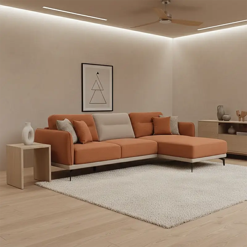 L shape sofa set with optional lounger and dual-tone fabric, leg and base detail