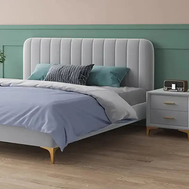 minimalist platform bed showing the lift-up storage area with rounded padded edges alternate front angle