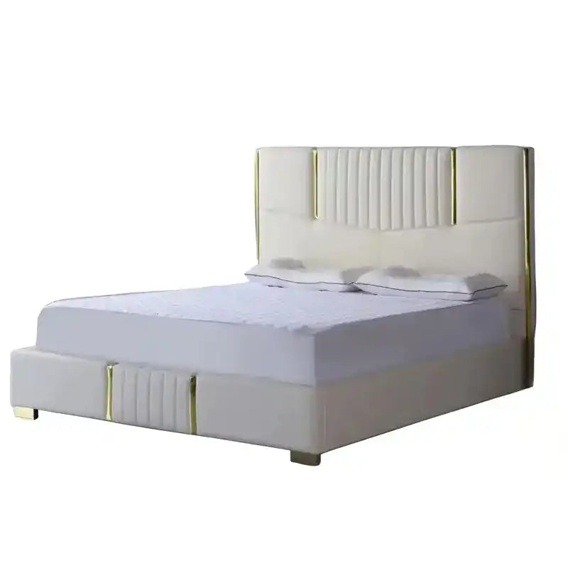 upholstered bed showing the lift-up storage area with tall padded headboard alternate front angle