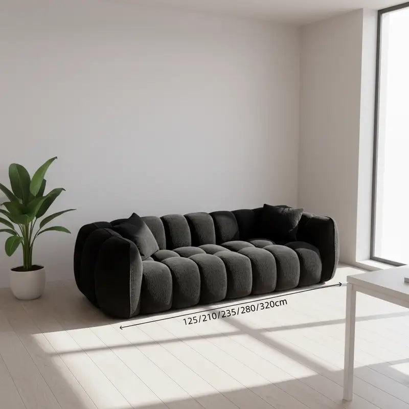 3 seater fabric sofa with olive boucle upholstery and deep lounge seating, lounge angle