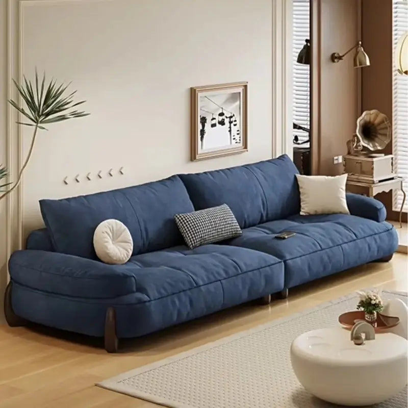 plush sofa set with wooden leg and floor clearance detail, lounge angle