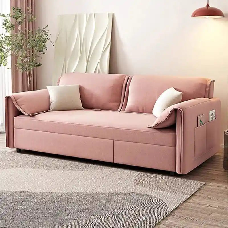 sofa to bed shown in the pull-out sleeping position with side pockets wide layout view