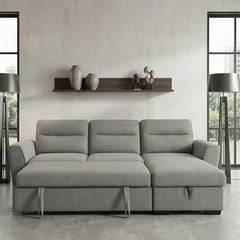 l shape sofa bed shown in the pull-out sleeping position with hidden storage wide layout view