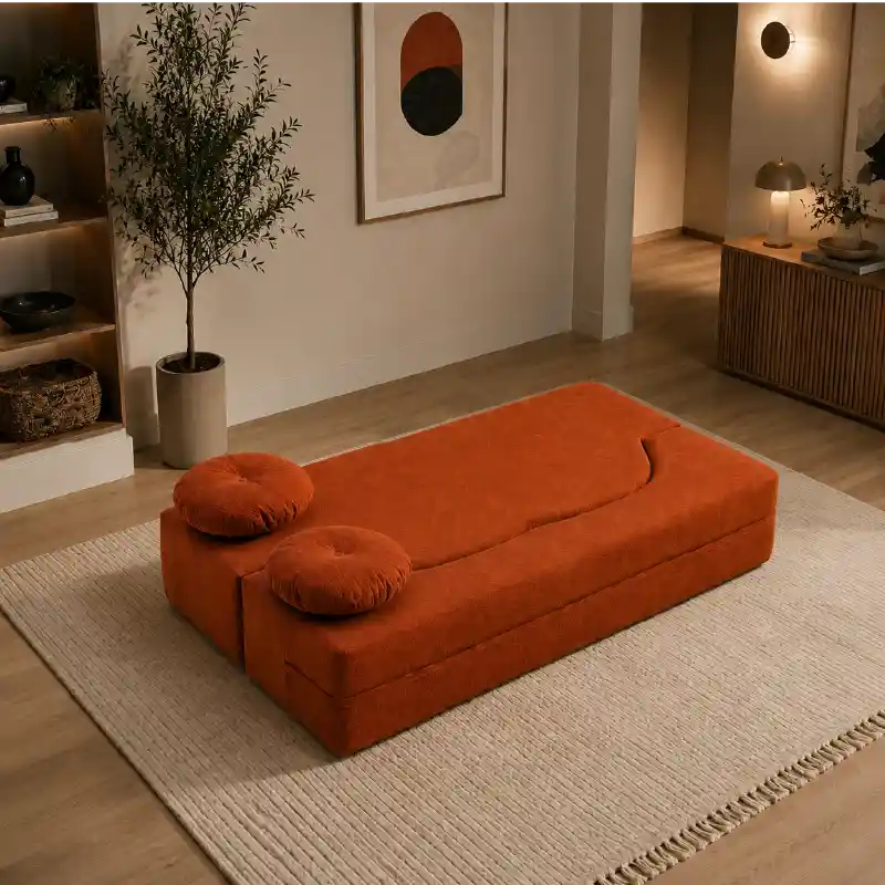sofa bed folding opened as a guest sleeping surface with textured fabric