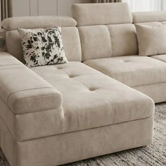 sleeper sofa set showing the built-in storage compartment with side storage console alternate front angle