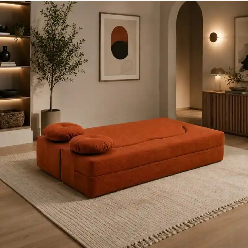 fold out sofa bed showing the sofa-to-bed conversion with textured fabric alternate front angle