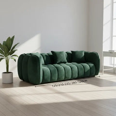 boucle sofa with vertical stitched cushions across the back and arms, cushion detail