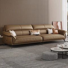 Leatherette sofa with deep lounge seating and soft back cushions, wide-angle seating view
