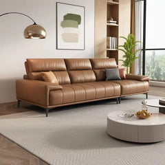 L shape sofa set with deep cushions and segmented back support, wide-angle seating view