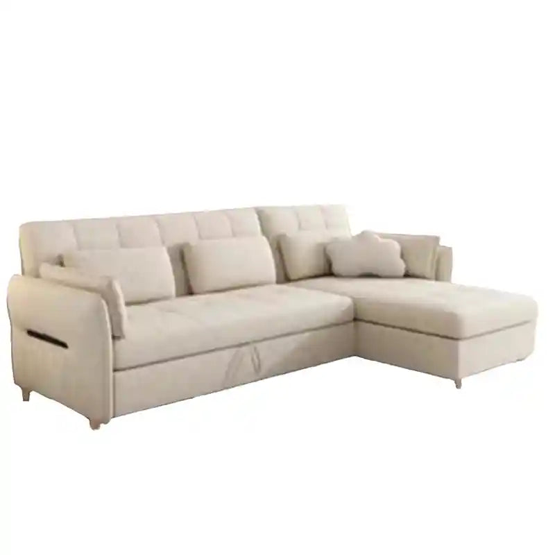pull out sofa bed shown in the pull-out sleeping position with L-shape lounger