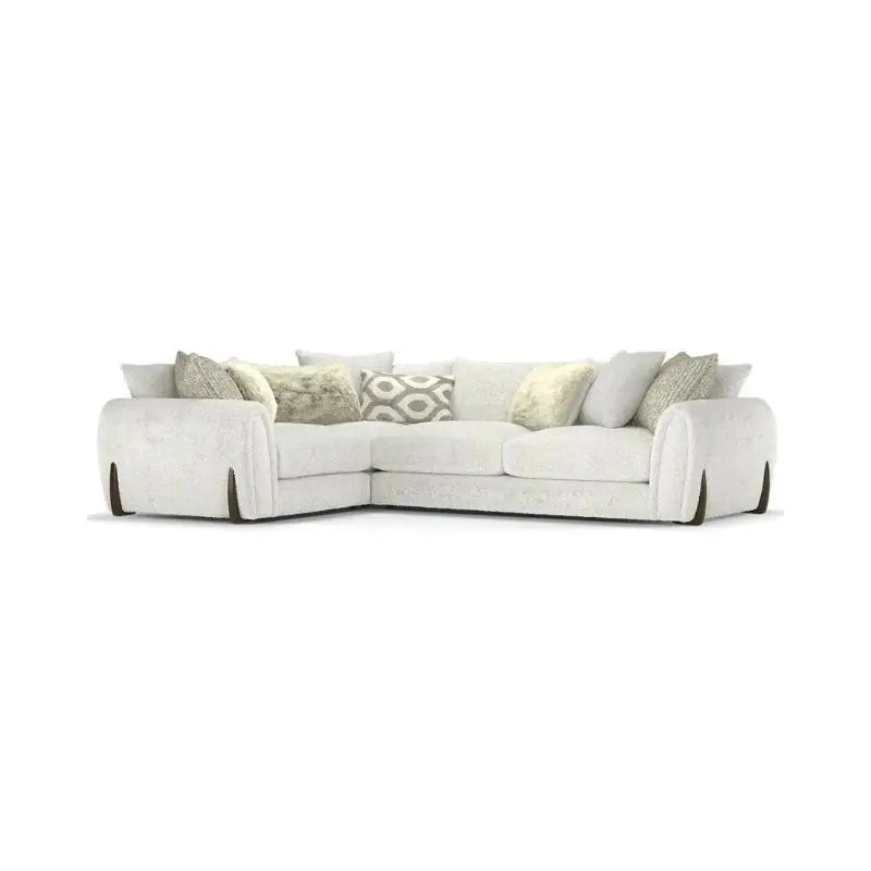 L shape sofa with curved arms and wooden accent details, top-angle perspective