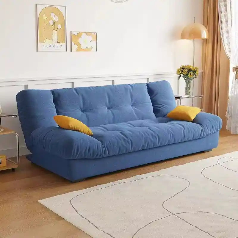 sofa bed folding shown in the pull-out sleeping position with fold-down padded backrest