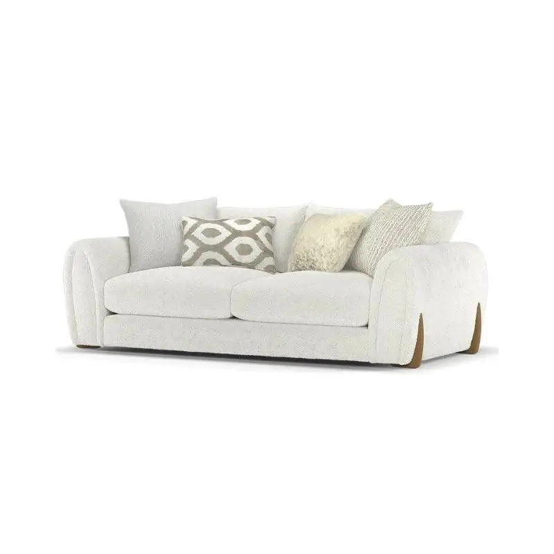 Corner sofa with curved arms and wooden accent details, rear three-quarter view