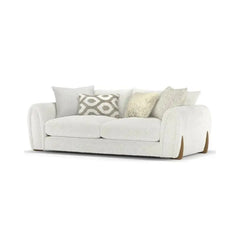 Corner sofa with curved arms and wooden accent details, rear three-quarter view