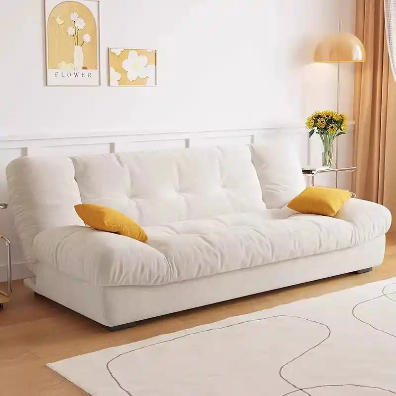 click clack sofa bed showing the built-in storage compartment with fold-down padded backrest