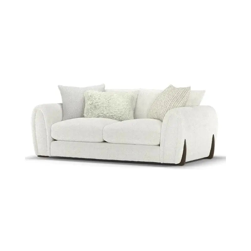 L shape sofa with curved arms and wooden accent details, corner seating perspective