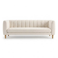 leatherette sofa with rounded armrest and cushion side angle, full configuration