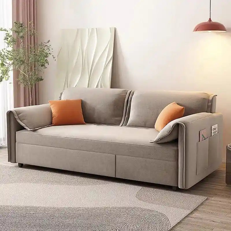 sofa bed convertible shown in the pull-out sleeping position with side pockets alternate side angle