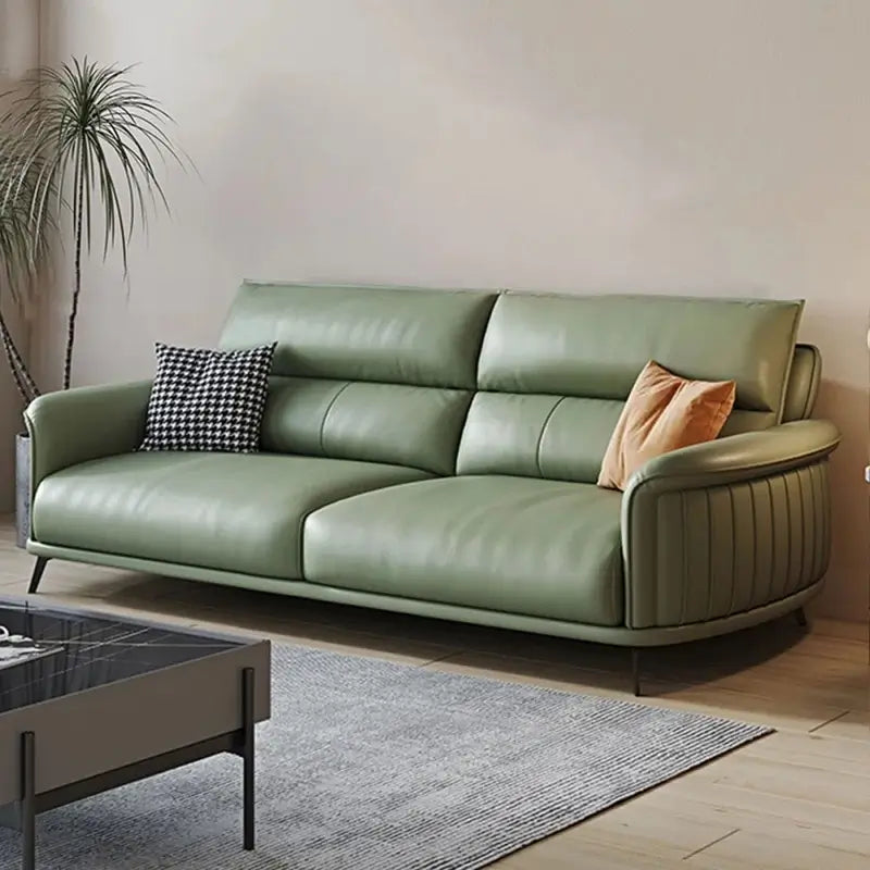 Brown leather sofa with two cushions on a white background