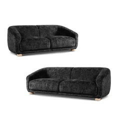 Boucle sofa with thick rounded arms and natural wooden legs, compact layout view