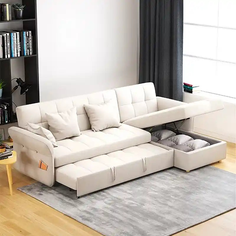 pull out sofa bed showing the sofa-to-bed conversion with L-shape lounger wide layout view