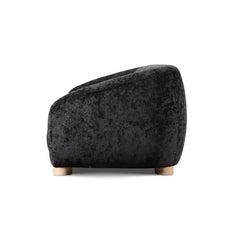 Fabric sofa with thick rounded arms and natural wooden legs, side profile view