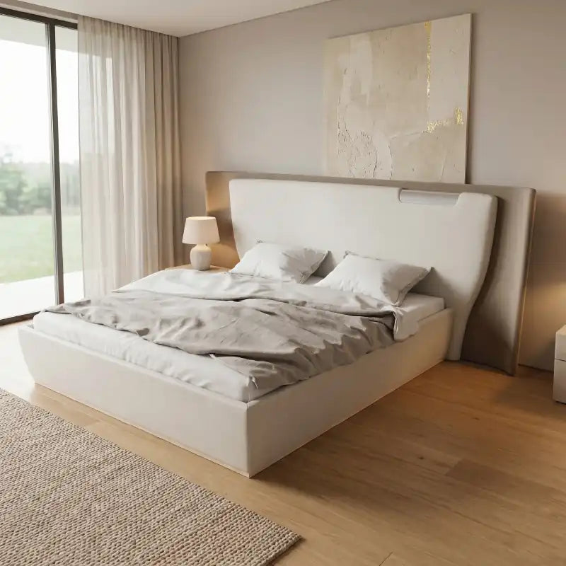 luxury bed shown in a spacious bed layout with wide curved headboard