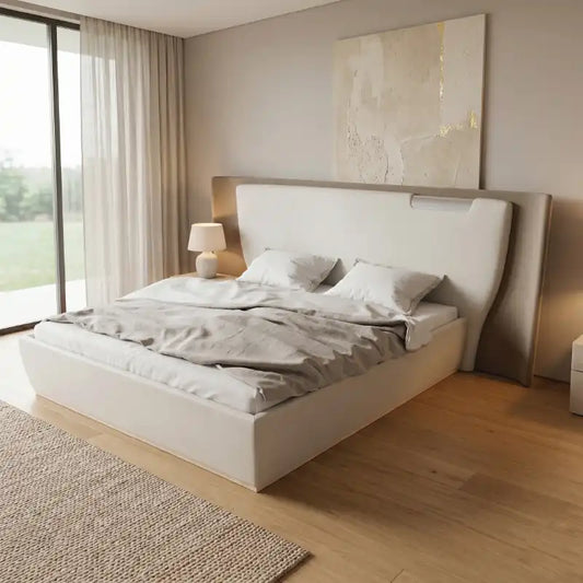 luxury bed shown in a spacious bed layout with wide curved headboard