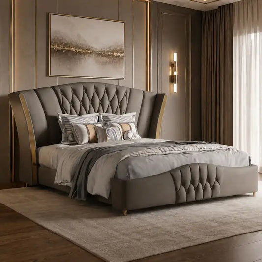 king size luxury bed shown in a spacious bed layout with button-padded headboard