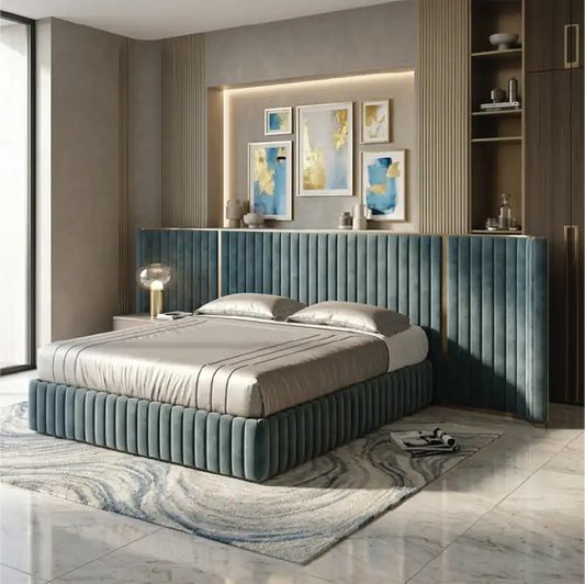 modern bed with headboard shown in a spacious bed layout with vertical padded panels