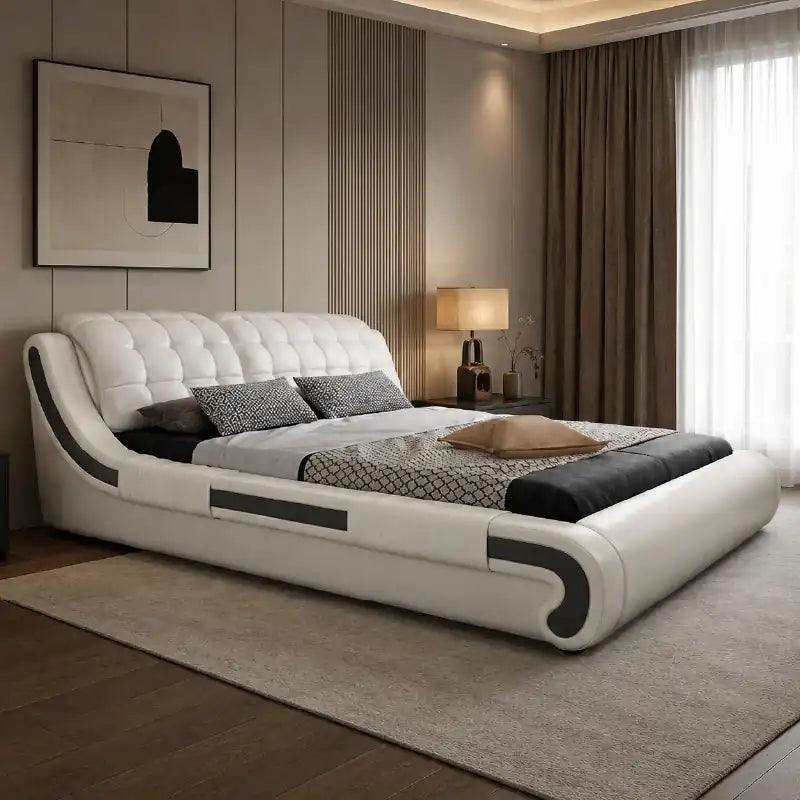 double bed with headboard shown in a spacious bed layout with deep padded headboard