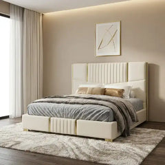 queen size bed front angle showing the padded headboard with tall padded headboard