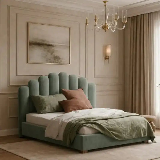 queen size platform bed front angle showing the padded headboard with rounded arch headboard