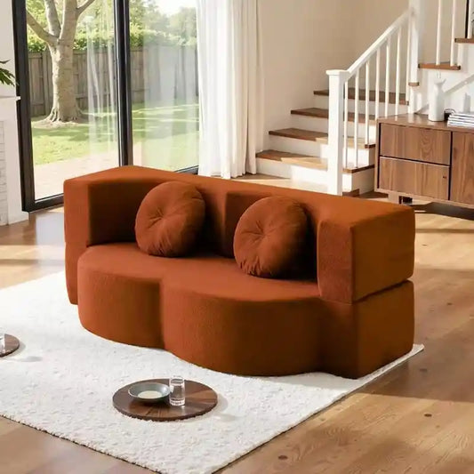 fold out sofa bed showing the sofa-to-bed conversion with textured fabric