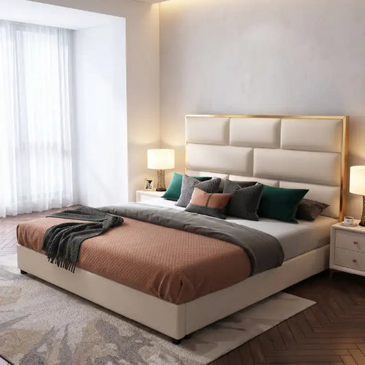 bed frame shown in a compact double-bed layout with geometric padded headboard