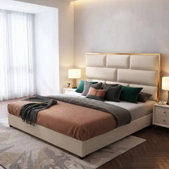 bed frame shown in a compact double-bed layout with geometric padded headboard