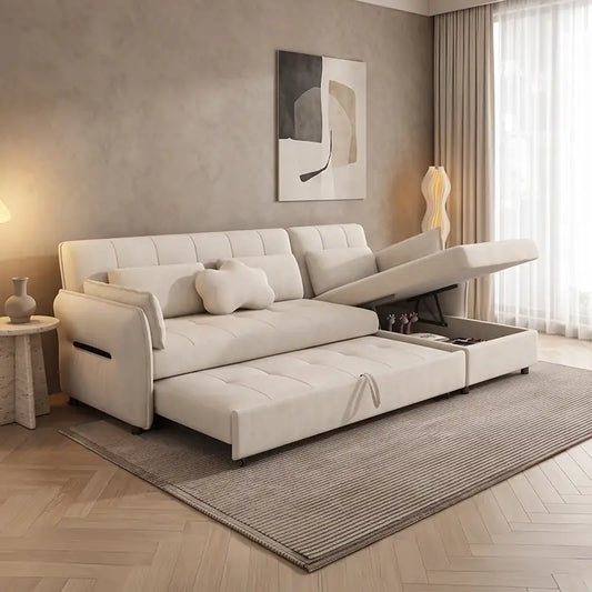 pull out sofa bed showing the sofa-to-bed conversion with L-shape lounger