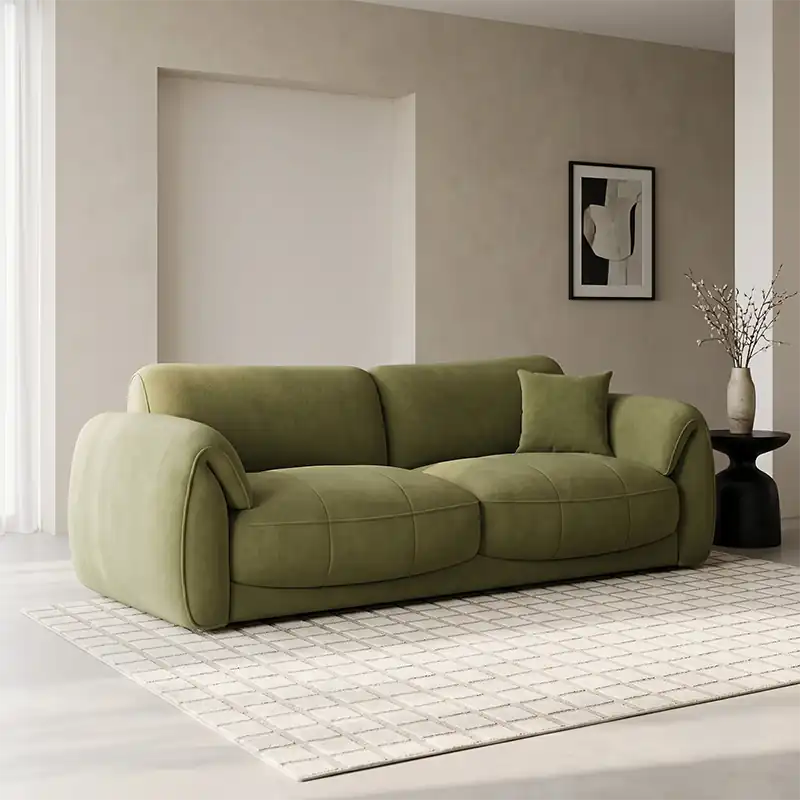3 seater sofa set with oversized rounded arms and compact three-seat profile, front perspective