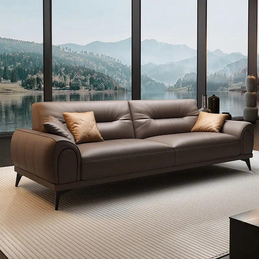 3 seater sofa set with rounded padded arms and elevated legs, front three-quarter view