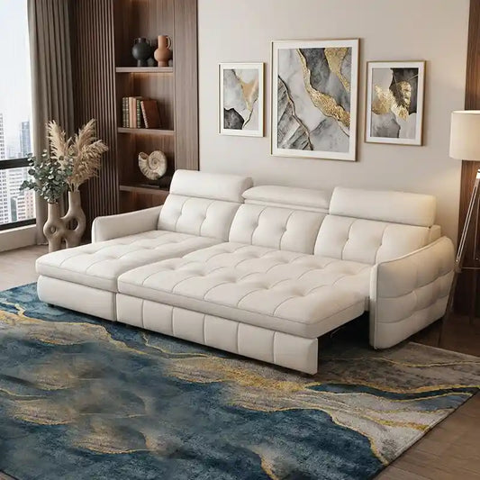 pull out sofa bed with storage front view with cushioned seating with storage lounger