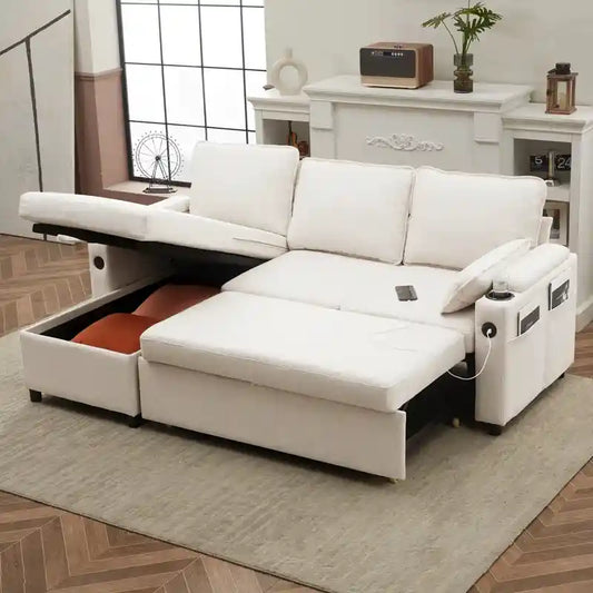 pull out sofa bed couch front view with cushioned seating with cup holders