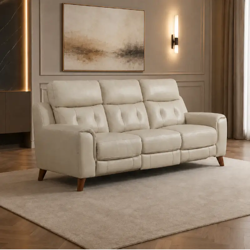 Recliner sofa with high back support and cushioned headrest, front three-quarter view