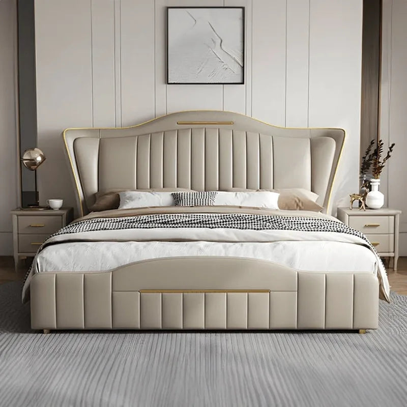 Givon luxury upholstered bed featuring king size bed cot design with integrated storage and elegant master bedroom styling