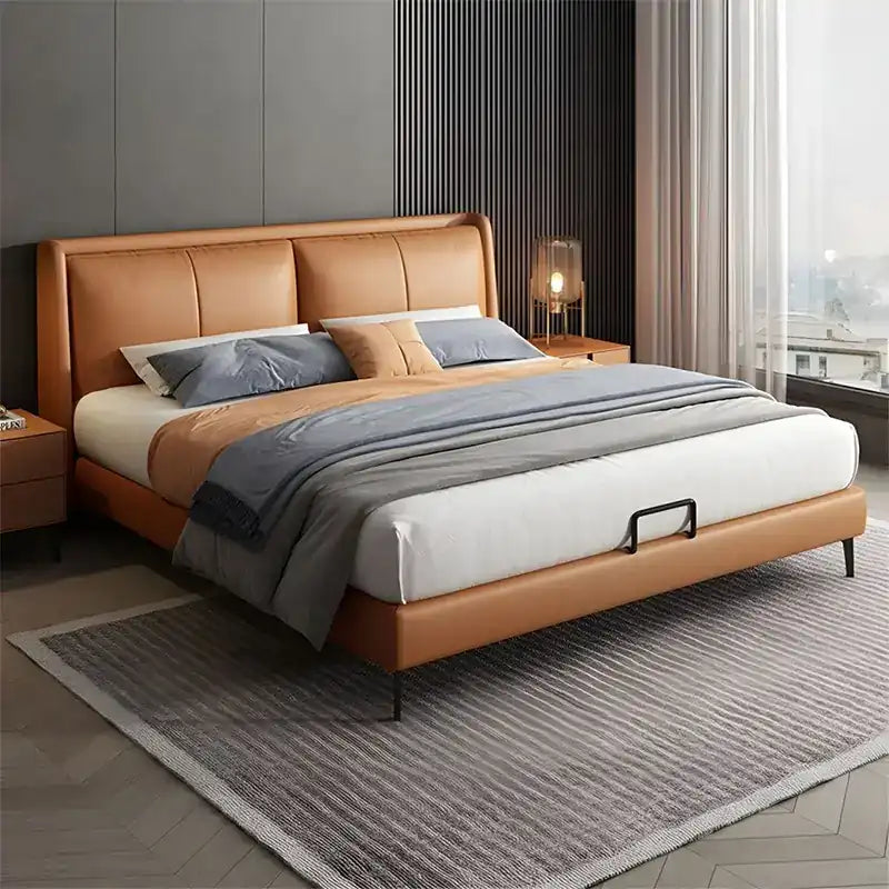 upholstered bed showing the lift-up storage area with wide padded headboard