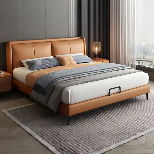 upholstered bed showing the lift-up storage area with wide padded headboard