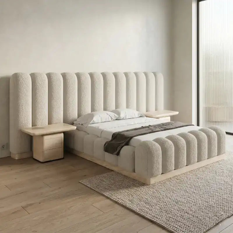 boucle bed showing the lift-up storage area with soft textured fabric