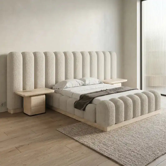 boucle bed showing the lift-up storage area with soft textured fabric